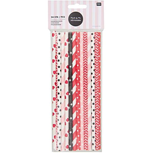 Rico Design Papierstrohhalme rot-schwarz-rosa 24 Stück