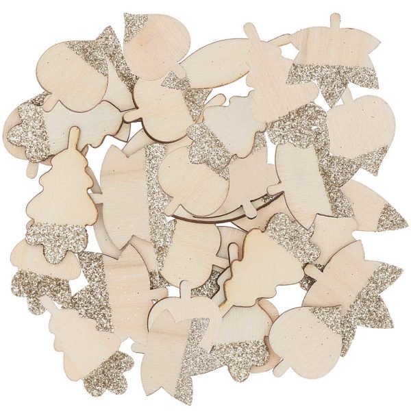 Ohhh! Lovely! Holzstreu Blätter Mix mit Glitter natur-gold 48 Stück