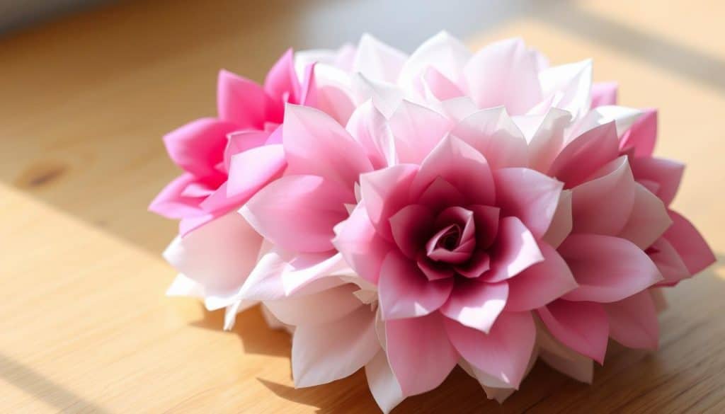 A beautifully crafted paper flower arrangement, the petals delicately unfurling in a soft, natural light. The flowers appear to be made from recycled paper, perhaps upcycled from discarded toilet paper rolls, their texture and folds capturing the handmade quality. The arrangement is displayed on a simple wooden surface, allowing the intricate details of the blooms to take center stage. The composition is balanced and harmonious, inviting the viewer to appreciate the creative and environmentally-conscious process behind these whimsical paper flowers.