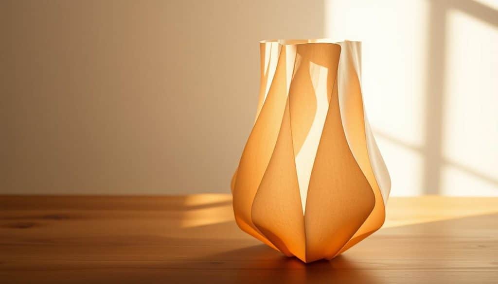 A beautifully handcrafted paper vase, its organic folds and curves catching the warm, diffused lighting that bathes the scene. The vase stands elegantly on a wooden table, its translucent material allowing the natural grain to peek through. The composition is balanced, with a simplified, minimalist background that allows the delicate paper sculpture to take center stage. The overall mood is one of understated sophistication and eco-conscious creativity, perfectly capturing the essence of the "Vase aus Papier: Upcycling-Projekt" section.