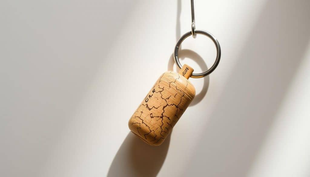 A close-up photograph of a handcrafted keychain made from natural cork. The cork has been carefully shaped and polished, with a smooth, tactile surface. The keychain is suspended against a plain, neutral background, allowing the warm, earthy tones of the cork to be the focal point. Soft, diffused lighting from the side creates gentle shadows, accentuating the textural details of the cork. The keychain is presented in a minimalist, elegant manner, highlighting its simple yet sophisticated design. The overall mood is one of understated sophistication and appreciation for natural materials.