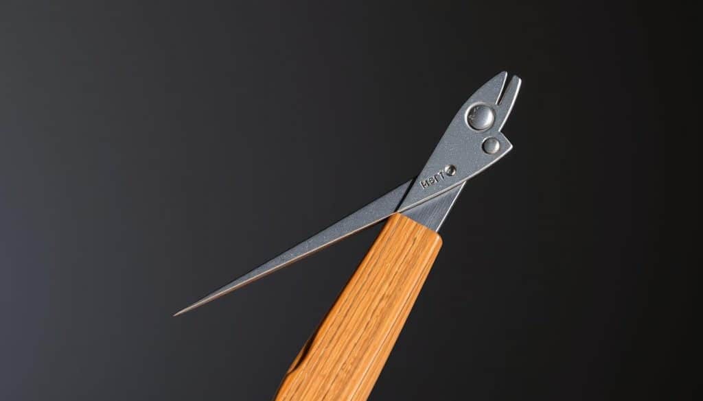 A close-up shot of a professional-grade seam ripper (also known as a "nahttrenner") in a well-lit studio setting. The tool is made of high-quality stainless steel, with a sharp, finely-honed blade and an ergonomic wooden handle. The background is blurred, putting the focus entirely on the nahttrenner, which is positioned diagonally across the frame, casting subtle shadows that accentuate its form. The lighting is soft and indirect, creating subtle highlights that give the tool a premium, polished appearance. The overall mood is one of precision, functionality, and attention to detail - the perfect tool for the delicate task of removing stitches and fixing sewing mistakes.