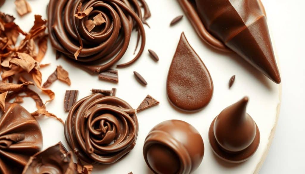 A close-up view of an assortment of artfully arranged chocolate decorations, including shavings, drizzles, and intricate piped designs. The chocolate elements are showcased against a clean, bright background, allowing their rich, lustrous tones and textures to take center stage. Soft, directional lighting casts gentle shadows, highlighting the dimensional quality of the chocolate pieces. The composition is balanced and visually appealing, inviting the viewer to imagine the delectable dessert it might adorn. An elegant, mouth-watering representation of chocolate as a versatile and delectable decorative element.