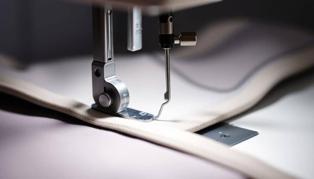 A closeup view of a sewing machine needle piercing through a softshell fabric, with the thread tension dial and thread path clearly visible in the foreground. The lighting is soft and diffused, highlighting the texture and sheen of the softshell material. The background is blurred, keeping the focus on the technical details of the sewing process. The overall mood is one of precision and attention to detail, conveying the importance of proper thread tension and stitch length when working with this specialized textile.