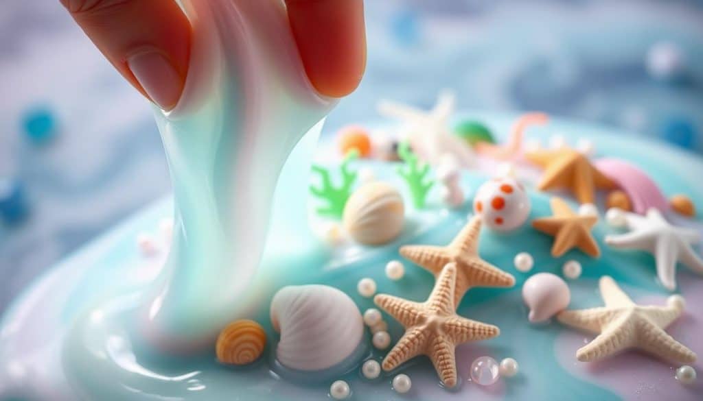 A colorful, ocean-themed DIY slime with shells, pearls, and glittery seaweed swirls. Soft pastel hues of blue, green, and pink create a dreamy, mermaid-inspired aesthetic. The slime has a smooth, glossy texture, shimmering under soft, diffused lighting. In the foreground, the slime is gently cascading from the fingertips of a hand, revealing its translucent, gelatinous form. In the middle ground, an assortment of seashells, starfish, and other marine elements are partially submerged in the slime, creating an enchanting, underwater vibe. The background fades into a hazy, ethereal backdrop, evoking the mystique of the deep sea.