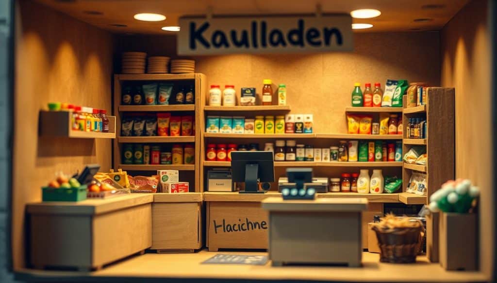 A cozy DIY mini-supermarket crafted from cardboard, with a charming rustic aesthetic. The shelves are stocked with a variety of detailed miniature grocery items, each with its own distinct packaging and branding. The counter features a cash register, and the front facade has a hand-painted sign that reads "Kaufladen". Soft, warm lighting casts a welcoming glow, creating an inviting atmosphere. The scene is captured from a low angle, emphasizing the delightful scale of this handmade retail space. Intricate textures and natural materials lend an authentic, homemade feel to this meticulously crafted cardboard creation.