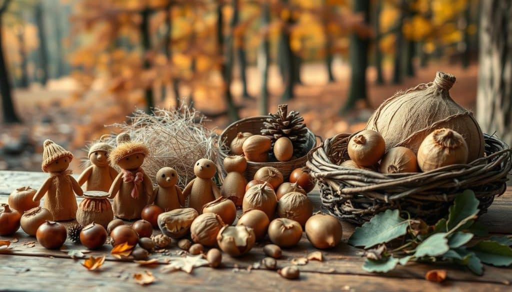 A cozy autumn scene showcasing a variety of traditional chestnut craft projects. In the foreground, delicately crafted chestnut people, animals, and decorative pieces are arranged on a rustic wooden table, their intricate textures and natural golden-brown hues captured in soft, warm lighting. In the middle ground, a scatter of freshly harvested chestnuts, leaves, and other natural materials offer a tactile, earthy backdrop. The background features a gently blurred forest landscape, with the rich, muted tones of autumn foliage setting a serene, nostalgic atmosphere. The overall composition evokes a sense of handcrafted tradition, natural beauty, and the joys of seasonal creativity.