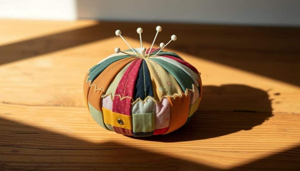 A cozy handmade pincushion crafted from upcycled fabric scraps in a harmonious color palette. The plump, inviting cushion sits atop a rustic wooden surface, casting soft shadows. Delicate stitching in a complementary thread pattern adorns the pincushion, reflecting the careful craftsmanship. The scene is bathed in warm, natural lighting, giving the image a serene, homespun atmosphere. The composition highlights the pincushion's charming, practical design, inspiring the viewer to create their own unique sewing accessory from repurposed materials.