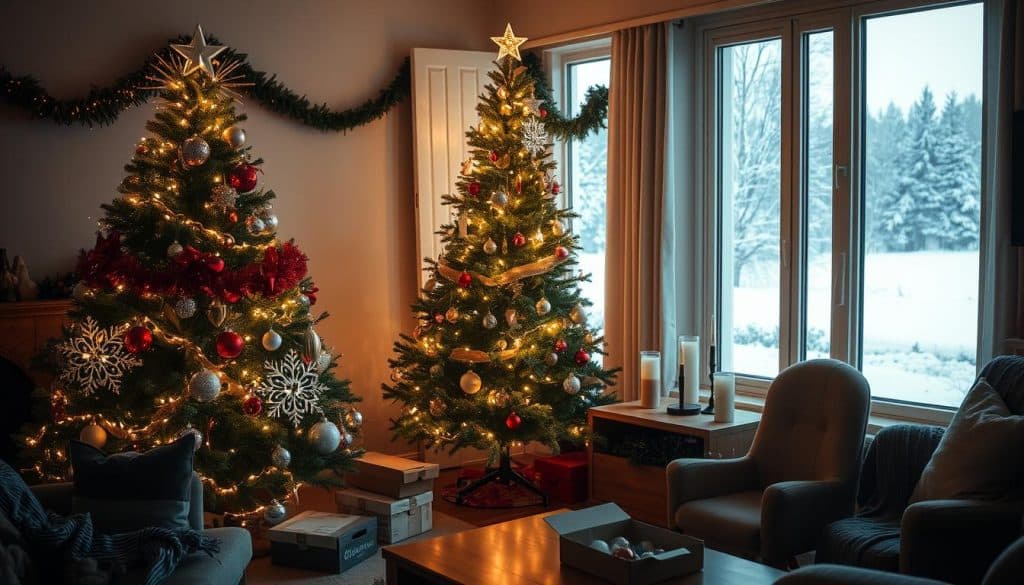 A cozy, well-lit living room scene showcasing an assortment of Christmas decorations in various stages of usage. In the foreground, a fully adorned Christmas tree stands tall, its twinkling lights and glittering ornaments reflecting the warm glow of the room. Around it, partially used garlands, string lights, and a few scattered ornaments hint at the gradual dismantling of the holiday decor. In the middle ground, a wooden side table displays a few remaining candles and a half-empty box of ornaments, suggesting the ongoing process of packing away the seasonal items. The background features a window overlooking a snowy winter landscape, casting a soft, natural light that complements the indoor scene. The overall mood is one of wistful reflection, as the room captures the transition from the festive holiday period to the quiet calm of the new year.