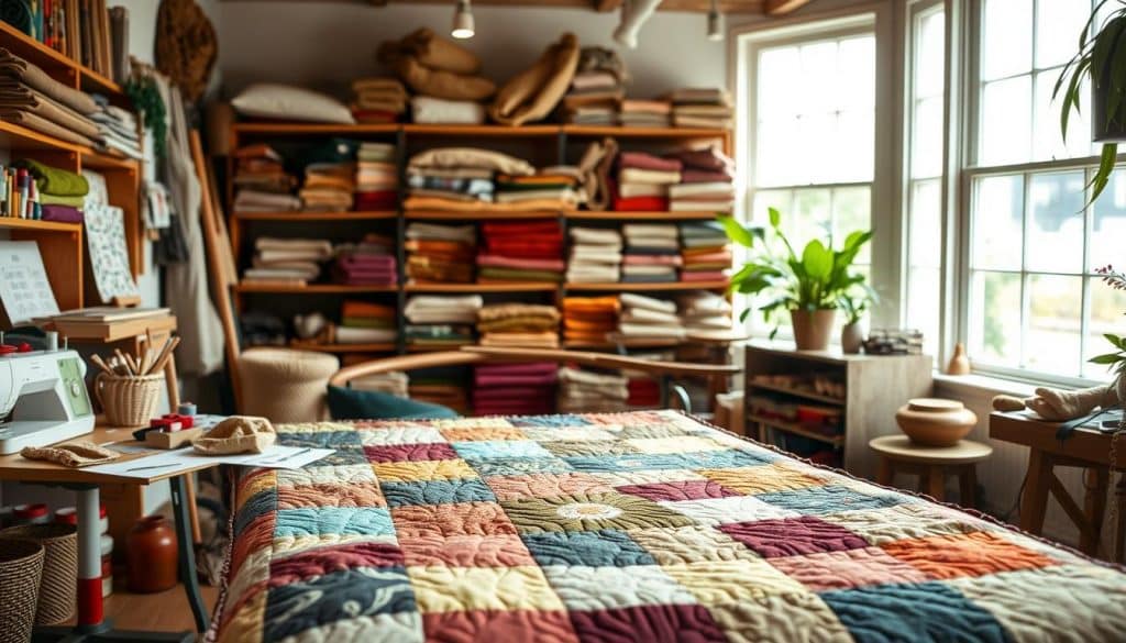 A cozy, well-lit quilting studio with an array of vibrant, sustainable fabrics and repurposed materials. In the foreground, skilled hands carefully stitching a patchwork quilt, showcasing a harmonious blend of colors and patterns. Midground features a variety of sewing tools, organic plant-based dyes, and recycled thread spools, all contributing to a eco-friendly quilting process. The background reveals shelves lined with neatly folded, earth-toned fabrics, radiating a sense of mindfulness and environmental consciousness. Soft, natural lighting filters through large windows, casting a warm, inviting glow over the entire scene. The overall atmosphere evokes a feeling of creativity, sustainability, and a deep connection to the art of quilting.