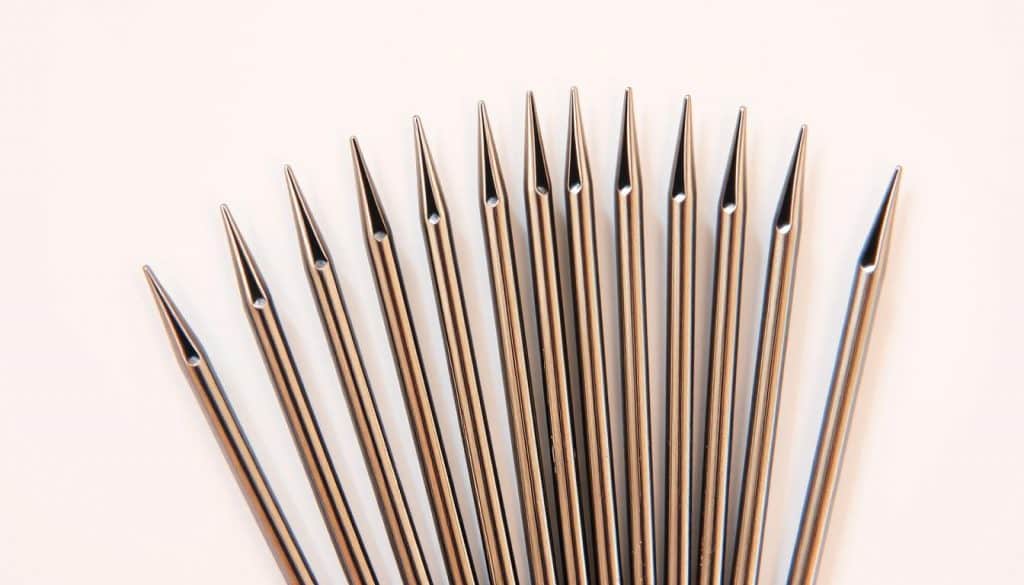 A detailed close-up shot of a set of overlock machine needles, also known as serger needles, against a clean and minimalist background. The needles are arranged in a fan-like pattern, showcasing their unique curved shape and sharp points. The lighting is soft and even, highlighting the metallic luster and precise engineering of the needles. The overall composition is balanced and visually appealing, inviting the viewer to appreciate the intricate design and functional purpose of these specialized sewing machine accessories.