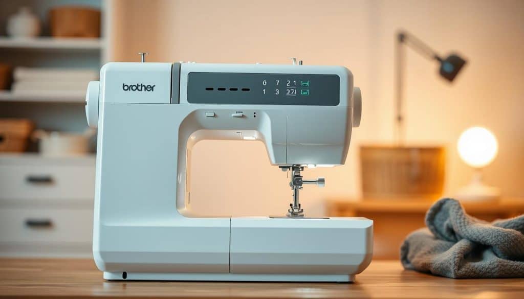 A high-quality, professional-looking photograph of the Brother Innov-is 10a Anniversary sewing machine, placed against a warm, cozy backdrop. The machine is centered in the frame, captured in sharp focus with precise details showcasing its sleek, modern design. Soft, diffused lighting illuminates the machine, creating a sense of depth and highlighting its premium finish. The background is slightly blurred, featuring a tasteful, minimalist scene that complements the machine's aesthetic - perhaps a neatly organized sewing workspace or a simple, neutral-toned studio setting. The overall composition and lighting evoke a sense of approachability and user-friendliness, reflecting the machine's "Einsteigerfreundlichkeit" (beginner-friendliness) as described in the section title.