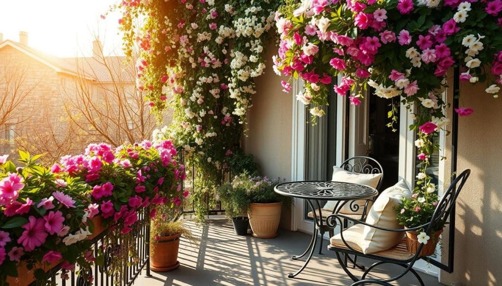 A lush balcony decked out in vibrant springtime finery. Overflowing planters of cascading florals - pinks, purples, and whites - framing a cozy seating area bathed in warm, golden sunlight. A wrought-iron bistro set with plush cushions beckons for leisurely afternoons. Trailing vines and delicate blossoms spill over the balcony's edge, creating a sense of natural, effortless beauty. The scene exudes a tranquil, inviting ambiance, perfect for enjoying the first signs of the season. A wide-angle lens captures the full, harmonious composition, showcasing the balcony's transformation into a serene, springtime oasis.