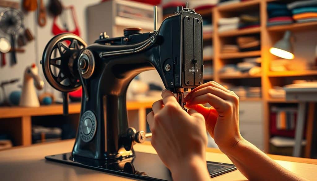 A meticulously crafted sewing machine sits in a well-lit workshop, surrounded by a variety of sewing tools and materials. The machine's intricate mechanisms are visible, inviting the viewer to explore the inner workings. In the foreground, a pair of skilled hands delicately adjust the tension, threading the needle with precision. Soft, warm lighting illuminates the scene, creating a sense of focus and concentration. In the background, a neatly organized workspace with shelves of fabrics and notions suggests a haven for the passionate seamstress, ready to tackle any sewing challenge. The image conveys a sense of problem-solving, with the viewer drawn into the process of troubleshooting and maintaining the sewing machine for optimal performance.