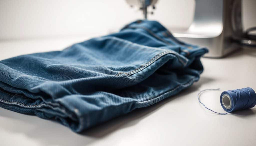 A neatly folded pair of well-worn blue jeans rests on a clean, white surface, the denim softened by years of wear. A coil of thread in a matching hue sits nearby, hinting at the repair process. Ambient lighting casts a gentle glow, accentuating the texture and sheen of the fabric. In the background, a sewing machine stands ready, its chrome components gleaming, suggesting the tools necessary to mend the jeans and prevent further damage. The overall scene conveys a sense of care, attention to detail, and the satisfaction of extending the life of a beloved garment.