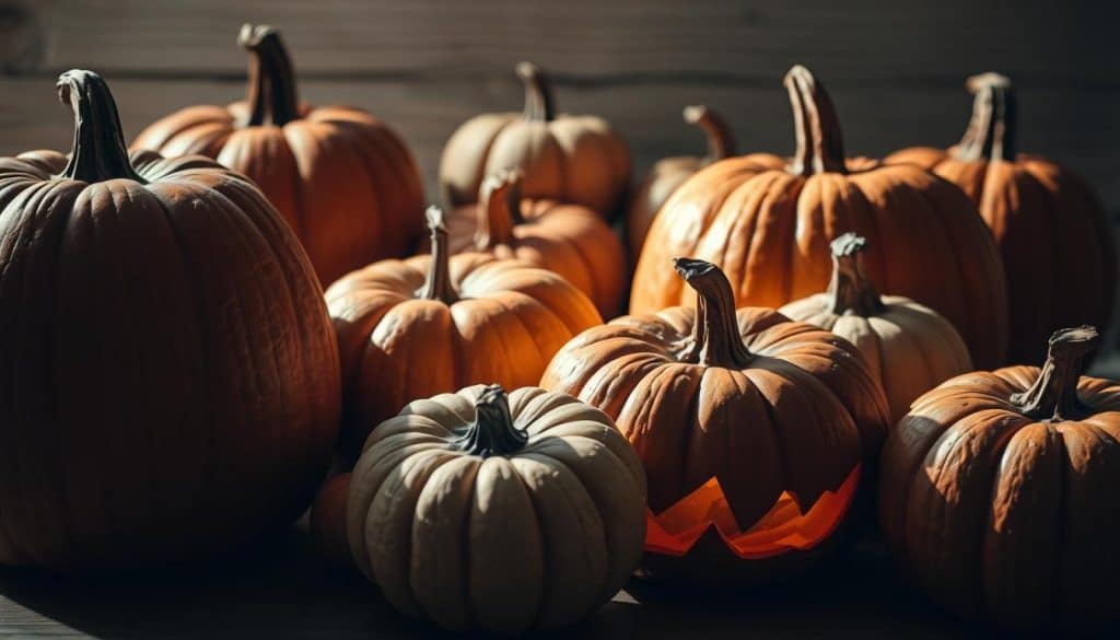 A still life arrangement of durable, long-lasting Halloween pumpkins. In the foreground, several pumpkins of varying sizes and shapes, some elaborately carved with intricate designs, others left uncarved, their natural textures and colors on display. The pumpkins are lit from the side, casting dramatic shadows and highlights that accentuate their form. In the middle ground, a few additional pumpkins in a neutral, earthy color palette, suggesting a harvest or autumnal scene. The background is softly blurred, hinting at a cozy, rustic setting, perhaps a wooden table or weathered surface. The overall mood is one of elegant simplicity, showcasing the natural beauty and longevity of these quintessential Halloween icons.