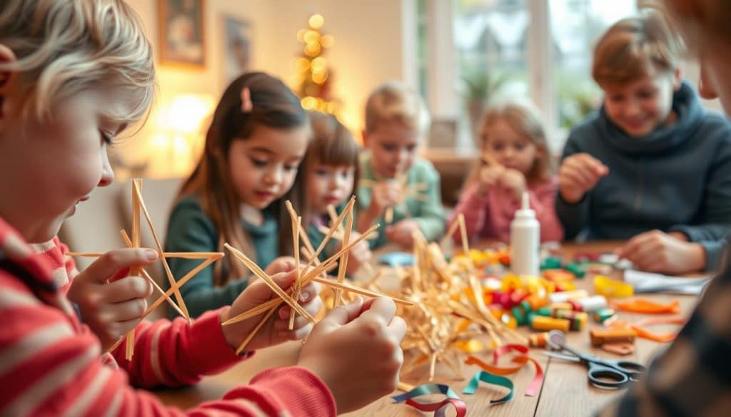 A vibrant scene of children happily crafting traditional straw stars, their faces alight with concentration. In the foreground, small hands carefully weave and shape the golden strands, guided by the gentle instructions of a caring adult. The middle ground reveals an array of colorful materials - ribbons, glue, scissors - scattered on a wooden table, inviting further creative exploration. The background depicts a cozy, warm-lit interior, perhaps a cozy home or a craft workshop, setting the perfect atmosphere for this wholesome, family-oriented activity. Soft, diffused lighting casts a gentle glow, emphasizing the tactile nature of the craft and the joy of shared creation. The overall mood is one of wholesome, hands-on learning and the enduring appeal of traditional holiday-themed crafts.