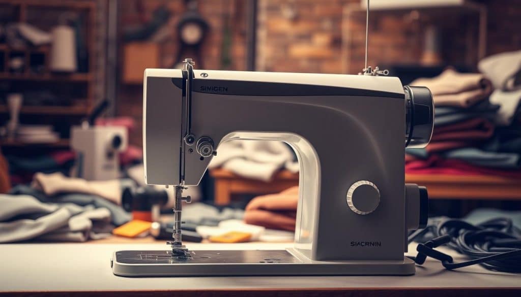 A well-crafted sewing machine against a warm, industrial background. The machine in the foreground features a sleek, modern design with smooth metal accents and a sturdy, high-quality frame. The workbench behind it is cluttered with various sewing tools and fabrics, hinting at its versatility and capability to handle thick, heavy-duty materials. Soft, diffused lighting casts a glow over the scene, creating a sense of craftsmanship and attention to detail. The overall composition conveys a feeling of reliability, precision, and the expertise required to work with demanding textile projects.