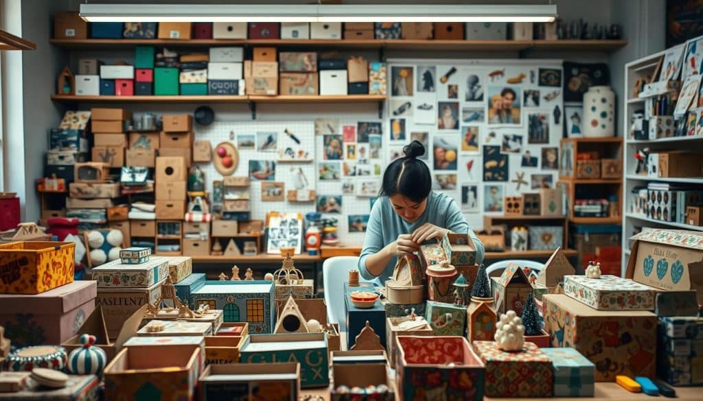 A well-lit, artisanal workshop with an array of DIY crafts made from recycled shoebox materials. In the foreground, an assortment of colorful, intricately decorated boxes, containers, and organizational pieces. In the middle ground, a craftsperson meticulously assembling a shoebox diorama, their hands skillfully manipulating the materials. The background features shelves brimming with additional shoebox project ideas, along with an inspiring mood board of finished creations. The scene conveys a sense of creativity, productivity, and the joy of transforming everyday items into unique, functional pieces.
