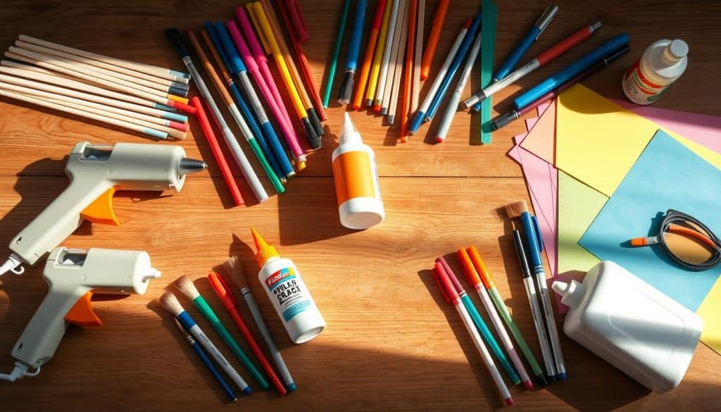 A well-lit, close-up image of an assortment of crafting tools and materials for ice pop stick projects. On a wooden table, display an array of hot glue guns, brushes, scissors, rulers, colorful construction paper, markers, and various types of adhesives such as craft glue and white glue. The scene has a warm, inviting atmosphere, with soft shadows and natural lighting, conveying the idea of a creative, hands-on DIY activity. The overall composition creates a visually appealing and informative image to illustrate the necessary supplies for ice pop stick craft projects.