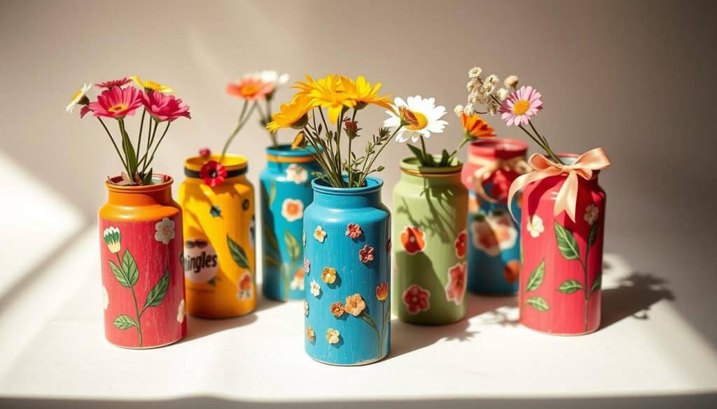 A well-lit, close-up shot of a group of colorful, handmade flower vases crafted from repurposed Pringles potato chip cans. The vases feature a range of vibrant acrylic paint finishes, intricate decoupaged patterns, and creative decorative elements like ribbons, buttons, and natural botanicals. They are arranged in a natural, organic composition, casting soft shadows on a clean, neutral background. The overall mood is one of whimsical DIY charm and sustainable, eco-friendly crafting.