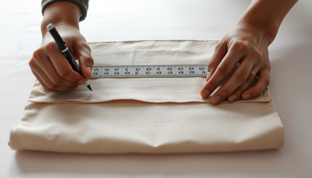 A well-lit, close-up shot of a person's hands meticulously measuring and marking a piece of fabric on a flat, clean surface. The fabric is a neutral, solid color, and the markings are done using a ruler and a sharp, precise pen or marker. The hands are positioned in the foreground, with the fabric filling the middle ground, and a neutral, slightly blurred background providing a clean, unobtrusive setting. The overall mood is one of focused, careful attention to detail, reflecting the preparation and precision required for the task at hand.