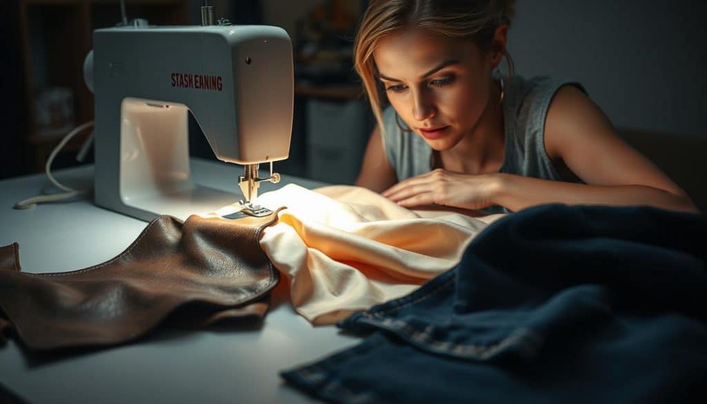 A well-lit sewing machine table with a variety of challenging materials spread out, including thick leather, delicate silk, and sturdy denim. The machine needle struggles to penetrate the layers, while the seamstress examines the problem with a focused expression. Soft, diffused lighting illuminates the scene, creating a contemplative atmosphere. The background is blurred, emphasizing the immediate task at hand. The overall composition conveys the challenge of navigating specialized fabrics and the need for specialized techniques to achieve a successful sewing outcome.