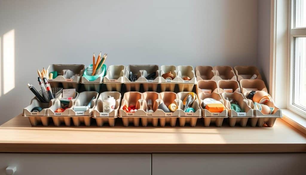 A well-organized and neatly arranged assortment of DIY organization tools, crafted from repurposed egg cartons, sits atop a clean, minimalist wooden surface. The cartons, meticulously color-coded and labeled, serve as functional compartments to neatly store and display a variety of small items, such as office supplies, craft materials, and household accessories. Soft, natural lighting from a nearby window bathes the scene in a warm, inviting glow, highlighting the textures and details of the handmade organization system. The overall composition conveys a sense of simplicity, practicality, and a touch of rustic charm, perfectly complementing the "Eierkartons als Sortierhilfe und Utensilo" section of the article.