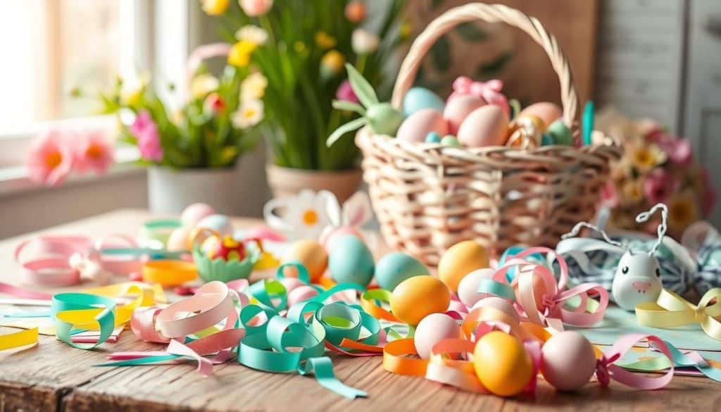 A whimsical, brightly-lit scene of creative Easter projects laid out on a rustic wooden table. In the foreground, an assortment of colorful paper crafts, ribbons, and decorative eggs. In the middle ground, a backdrop of spring flowers, greenery, and a pastel-hued Easter basket overflowing with more craft supplies. The lighting is soft and natural, casting a warm, inviting glow over the tableau. The overall atmosphere is one of playful inspiration, capturing the spirit of DIY Easter projects bursting with vibrant colors and textures.