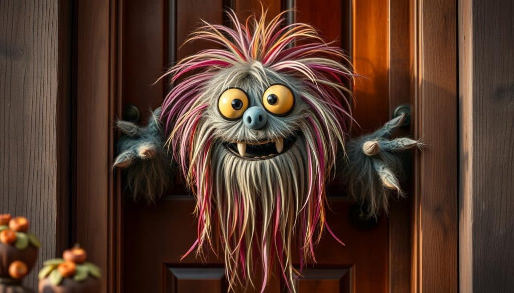 A whimsical, shaggy Fransenmonster peeking out from the front door, with wispy strands of colorful fringe cascading down its body. The monster's bulbous, friendly eyes and toothy grin create a playful, inviting expression, beckoning trick-or-treaters to approach. Warm, autumnal lighting bathes the scene, casting a cozy, Halloween atmosphere. The door frame is made of weathered wood, adding rustic charm. The Fransenmonster appears to be handcrafted, with tactile, textured details that invite touch. The overall composition is centered and balanced, showcasing the monster as the undisputed star of this spooky, yet welcoming, entryway.