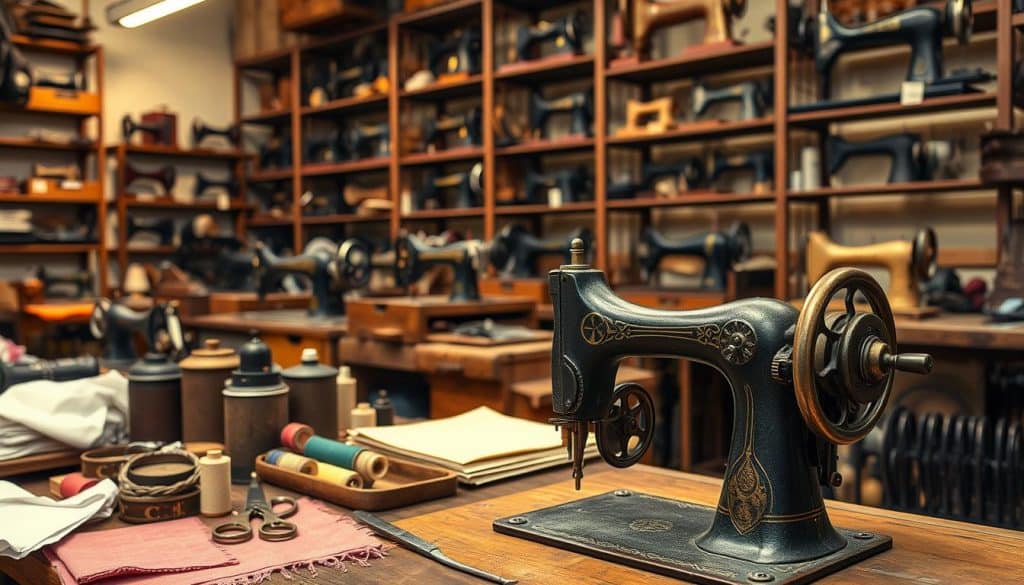 A workshop filled with the tools and machinery of the 19th and 20th century sewing machine revolution. In the foreground, a vintage cast-iron sewing machine stands proud, its intricate gears and mechanisms on full display. The middle ground features a variety of sewing accessories - bobbins, spools of thread, fabric swatches, and a pair of shears glinting in the warm lighting. In the background, towering shelves hold an array of historic sewing machines, from early treadle models to sleek, electrified versions, each representing a step forward in technological innovation. The overall mood is one of industrious progress, the workshop a testament to the ingenuity and determination that drove the evolution of this essential household tool.